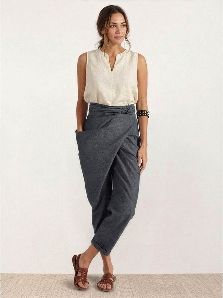 Women's High-Waist Wrap-Front Bow-Tie Cropped Tapered Pants