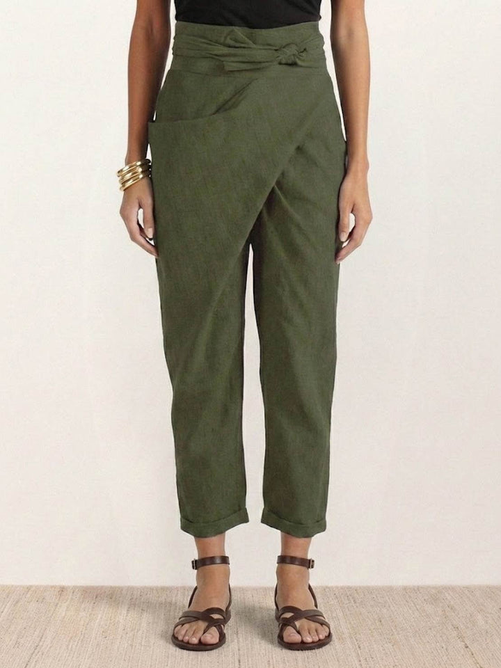 Women's High-Waist Wrap-Front Bow-Tie Cropped Tapered Pants - Army Green