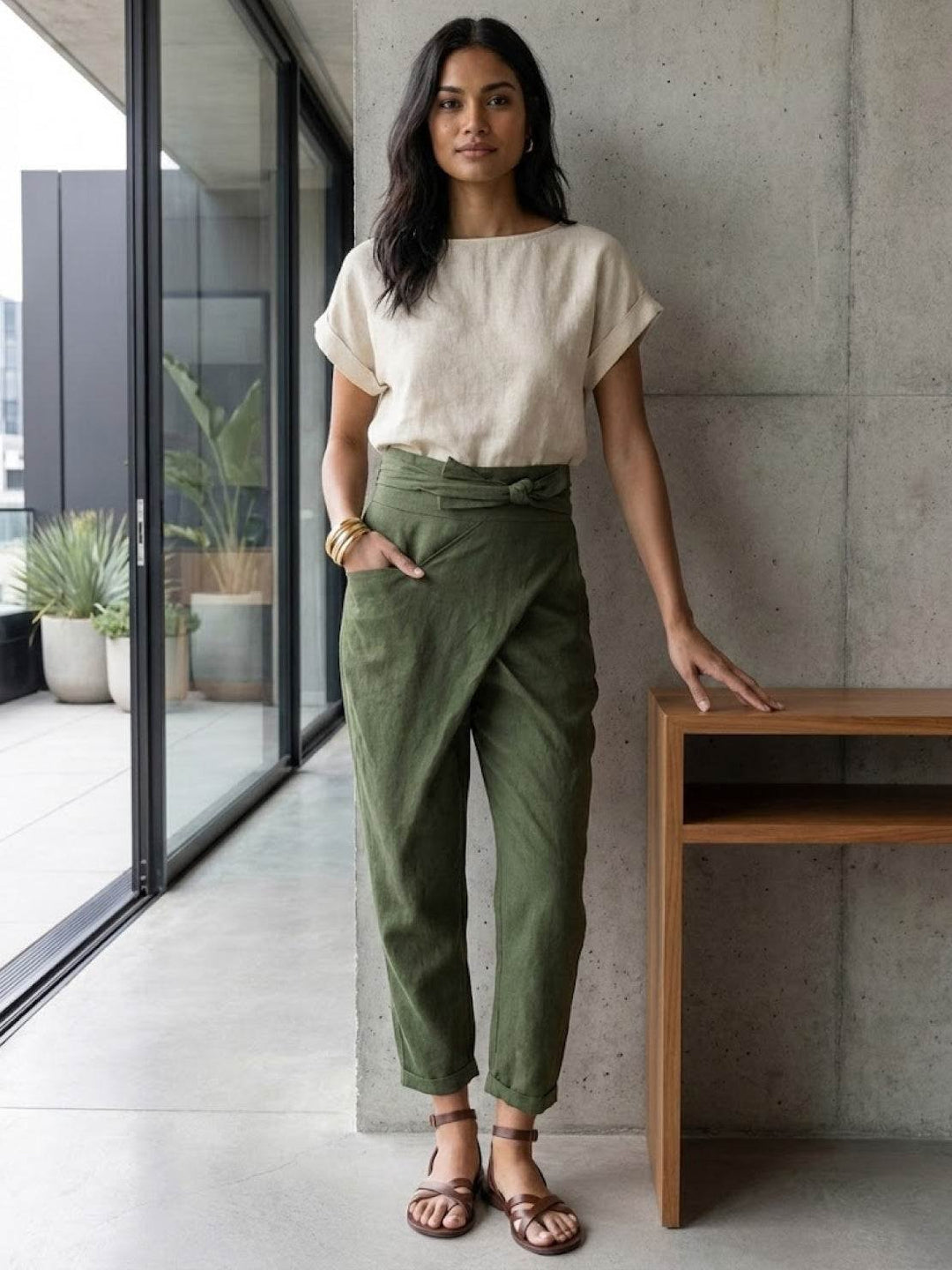 Women's High-Waist Wrap-Front Bow-Tie Cropped Tapered Pants