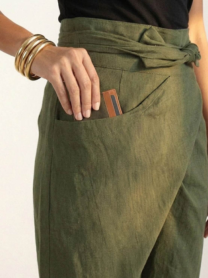 Women's High-Waist Wrap-Front Bow-Tie Cropped Tapered Pants