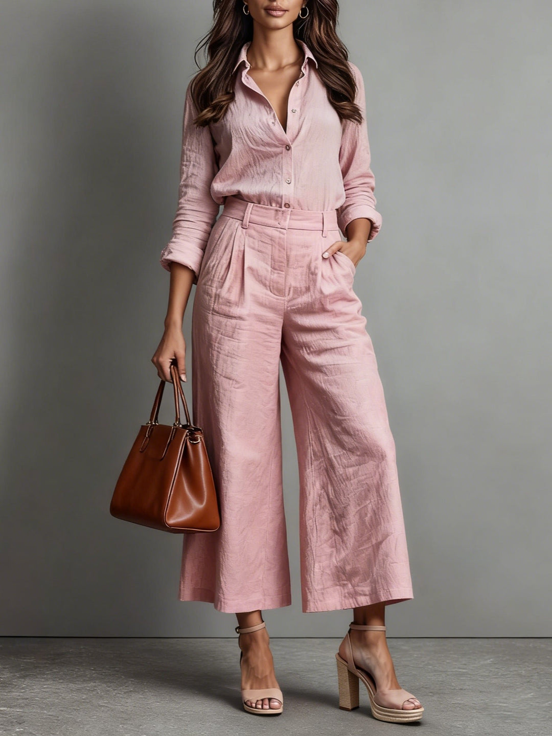 Women's High-Waisted Linen Wide-Leg Two-Piece Set - Pink