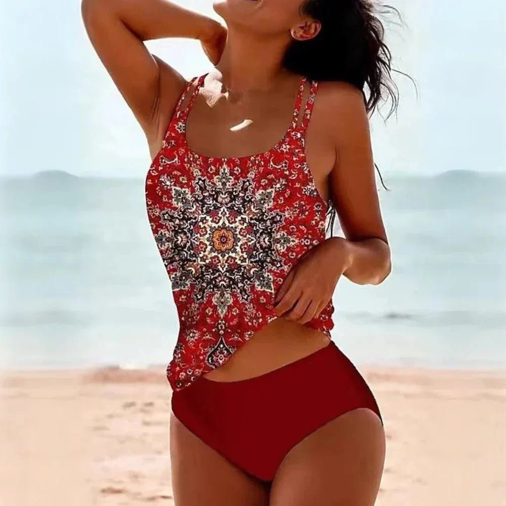 Women's High-Waisted Printed Tankini Two-Piece Swimsuit - Red