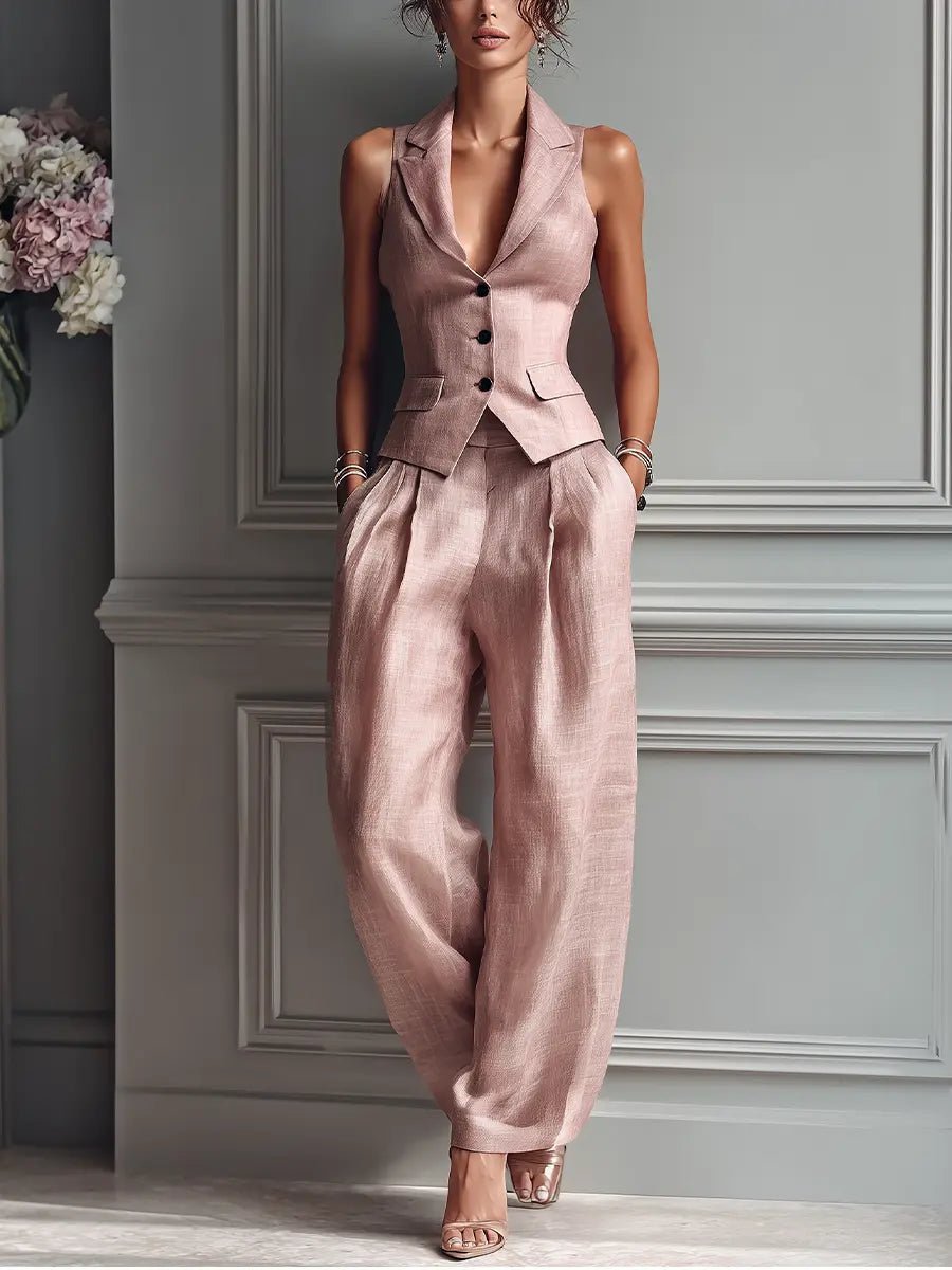 Women's High-Waisted Sleeveless Linen Vest Wide-Leg Pants Set