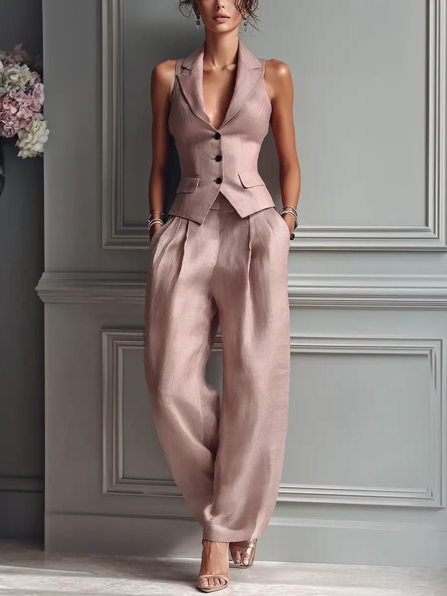 Women's High-Waisted Sleeveless Linen Vest Wide-Leg Pants Set - Blush Pink