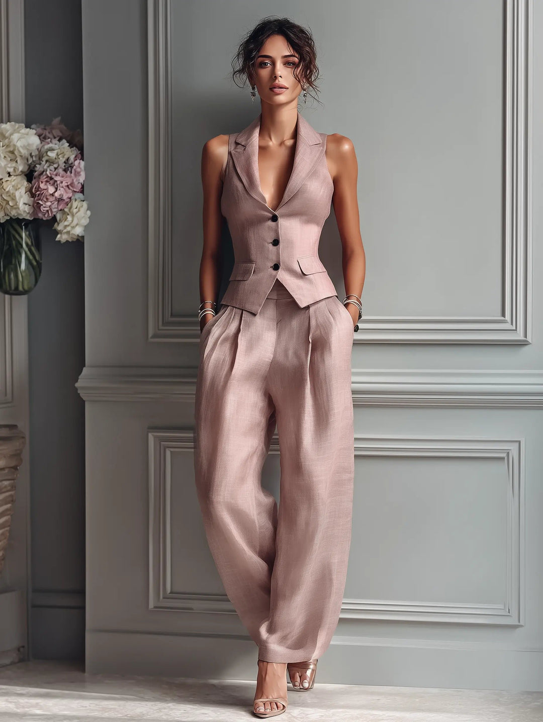 Women's High-Waisted Sleeveless Linen Vest Wide-Leg Pants Set