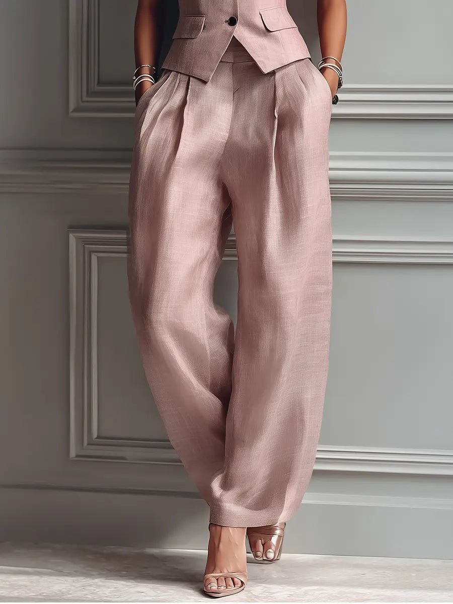 Women's High-Waisted Sleeveless Linen Vest Wide-Leg Pants Set