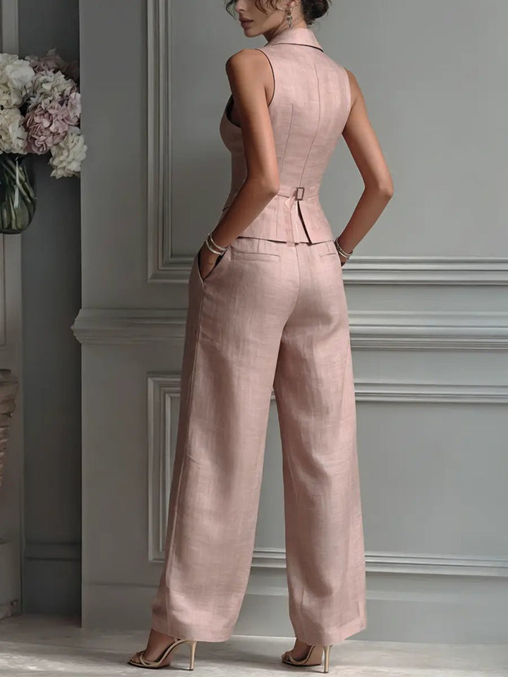 Women's High-Waisted Sleeveless Linen Vest Wide-Leg Pants Set