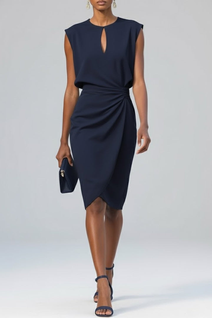 Women's Keyhole-Neck Ruched Midi Dress Sleeveless - Marineblauw