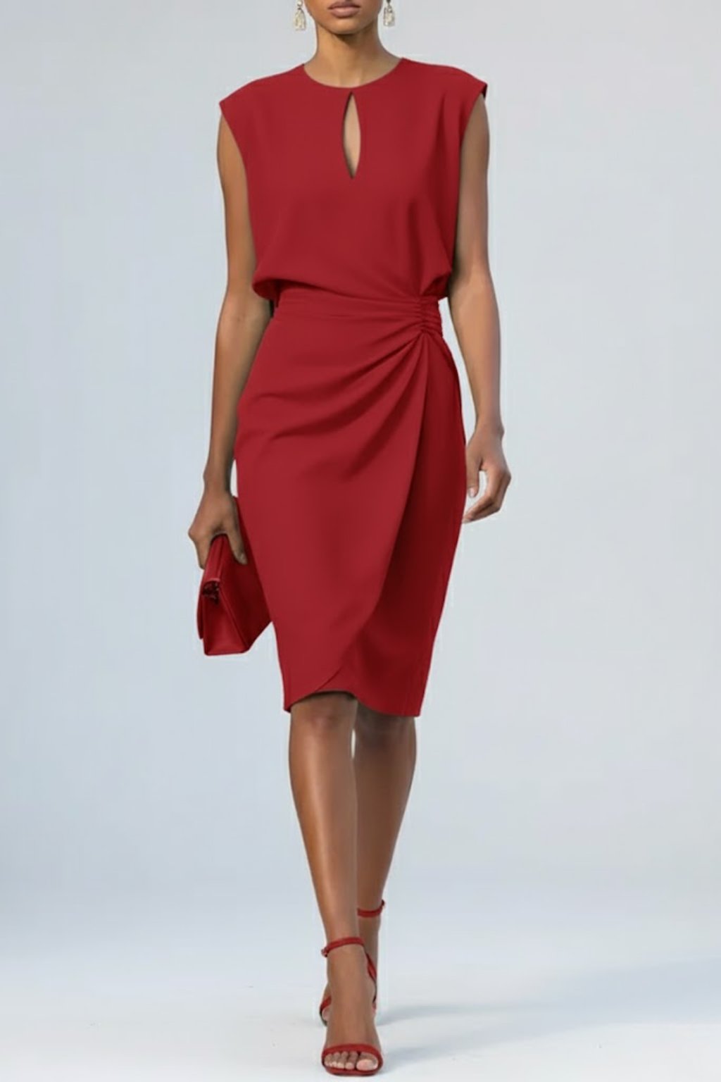Women's Keyhole-Neck Ruched Midi Dress Sleeveless - Rood