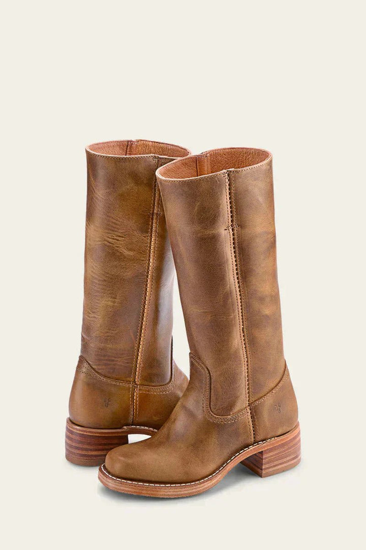 Women's Knee-High Leather Block-Heel Boots - Khaki