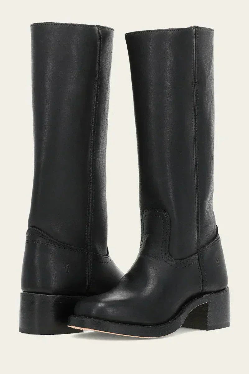 Women's Knee-High Leather Block-Heel Boots - Black