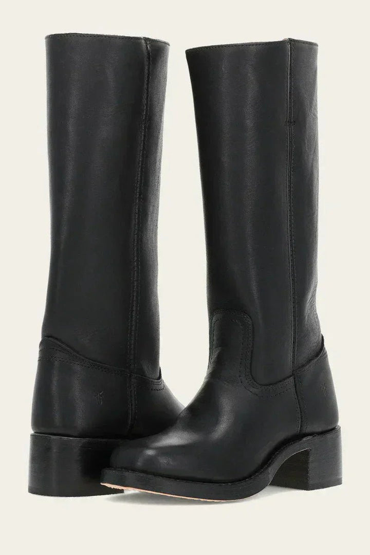Women's Knee-High Leather Block-Heel Boots - Black