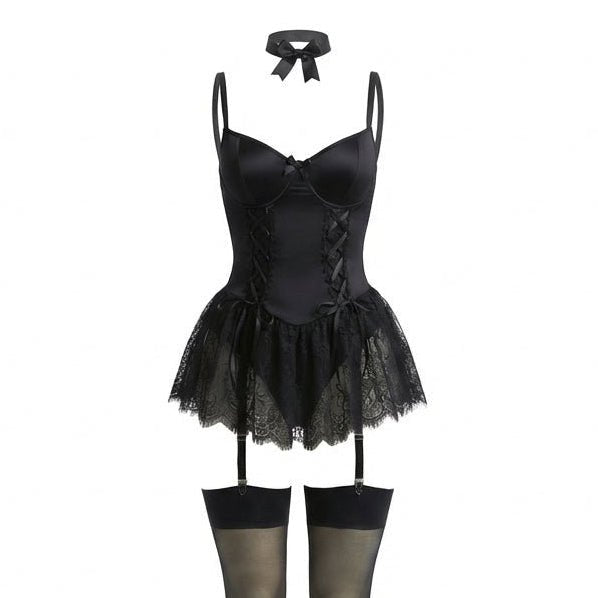Women's Lace Ruffle Underwire Bustier Teddy with Garter Straps - Black