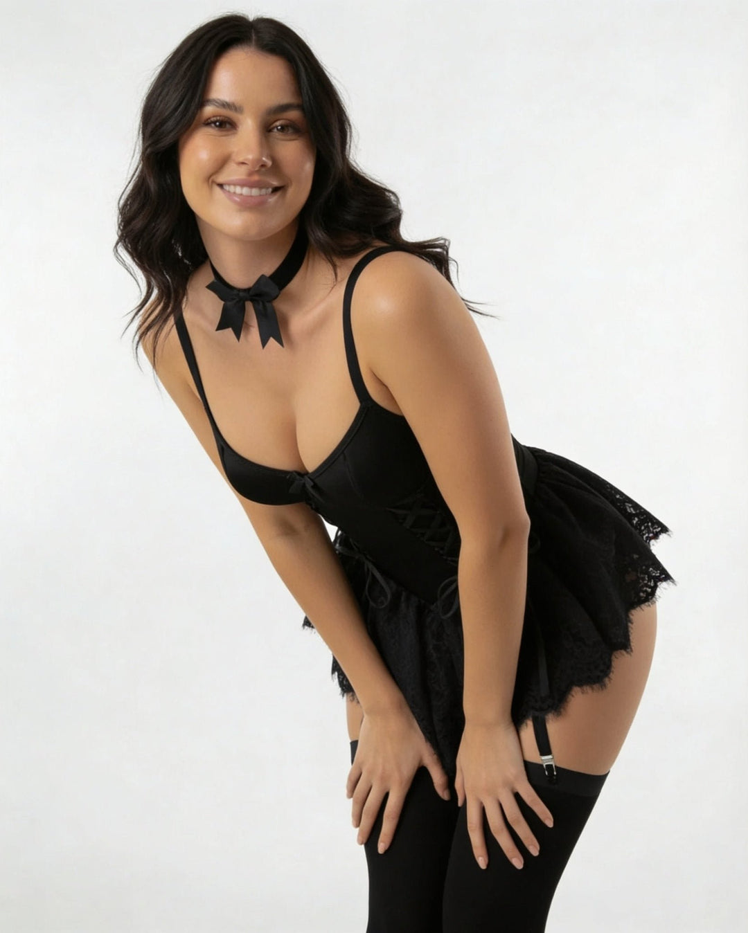 Women's Lace Ruffle Underwire Bustier Teddy with Garter Straps