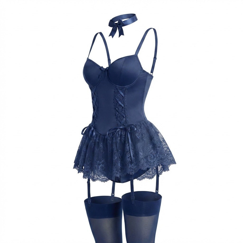Women's Lace Ruffle Underwire Bustier Teddy with Garter Straps - Navy