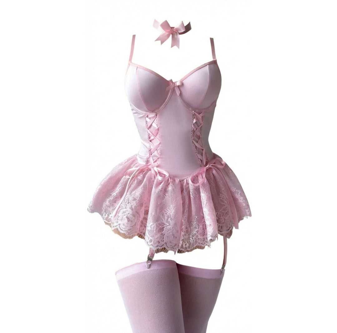 Women's Lace Ruffle Underwire Bustier Teddy with Garter Straps - Pink