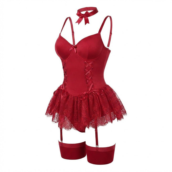 Women's Lace Ruffle Underwire Bustier Teddy with Garter Straps - Burgundy