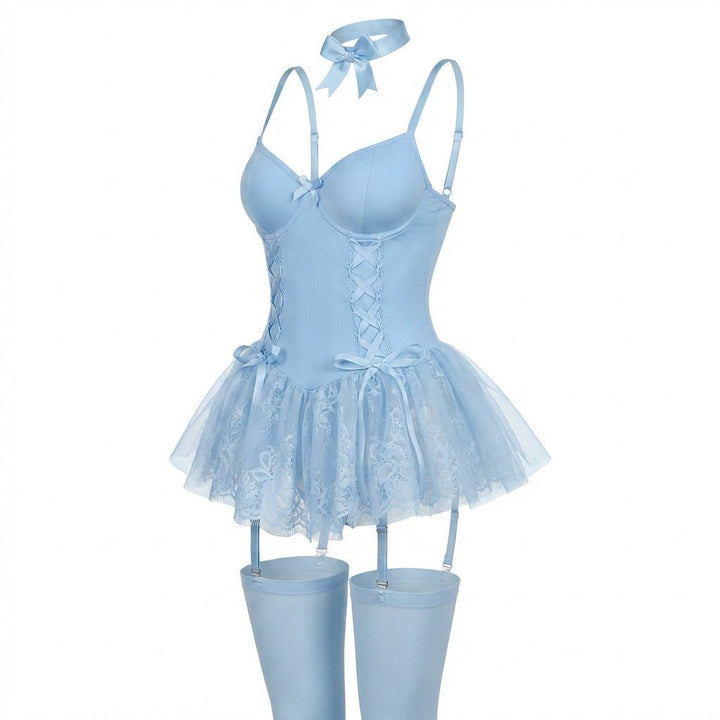 Women's Lace Ruffle Underwire Bustier Teddy with Garter Straps - Baby Blue
