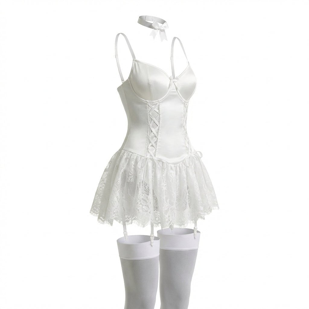 Women's Lace Ruffle Underwire Bustier Teddy with Garter Straps - White