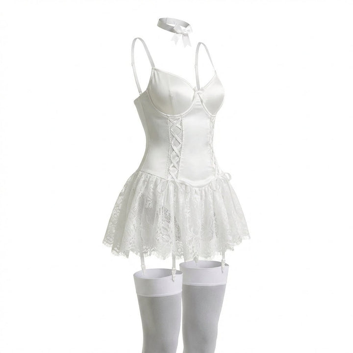 Women's Lace Ruffle Underwire Bustier Teddy with Garter Straps - White