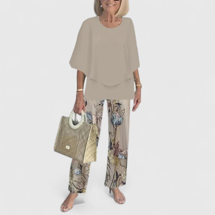 Women's Layered Batwing Floral Wide-Leg Pants Set - Light Gray