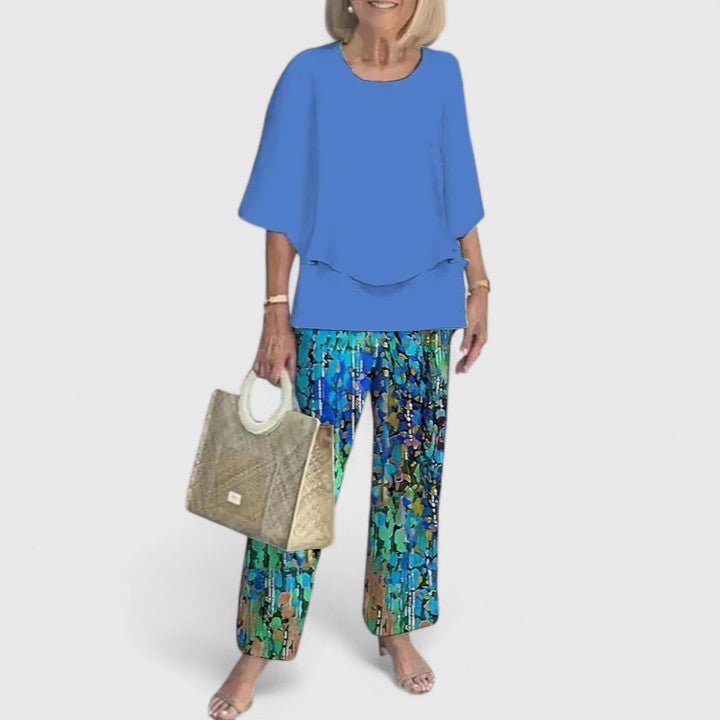 Women's Layered Batwing Floral Wide-Leg Pants Set - Royal Blue
