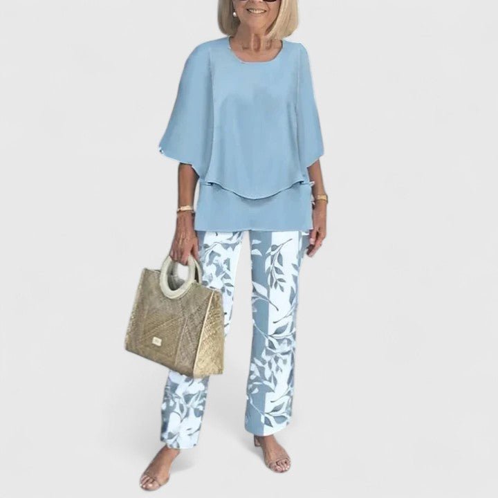 Women's Layered Batwing Floral Wide-Leg Pants Set - Sky Blue