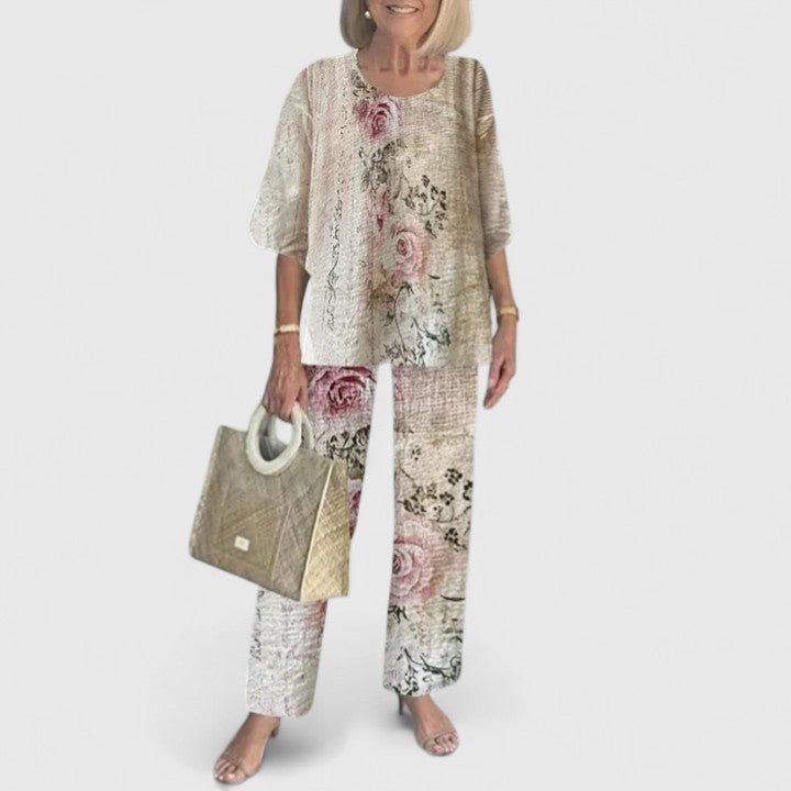 Women's Layered Batwing Floral Wide-Leg Pants Set - Light Brown