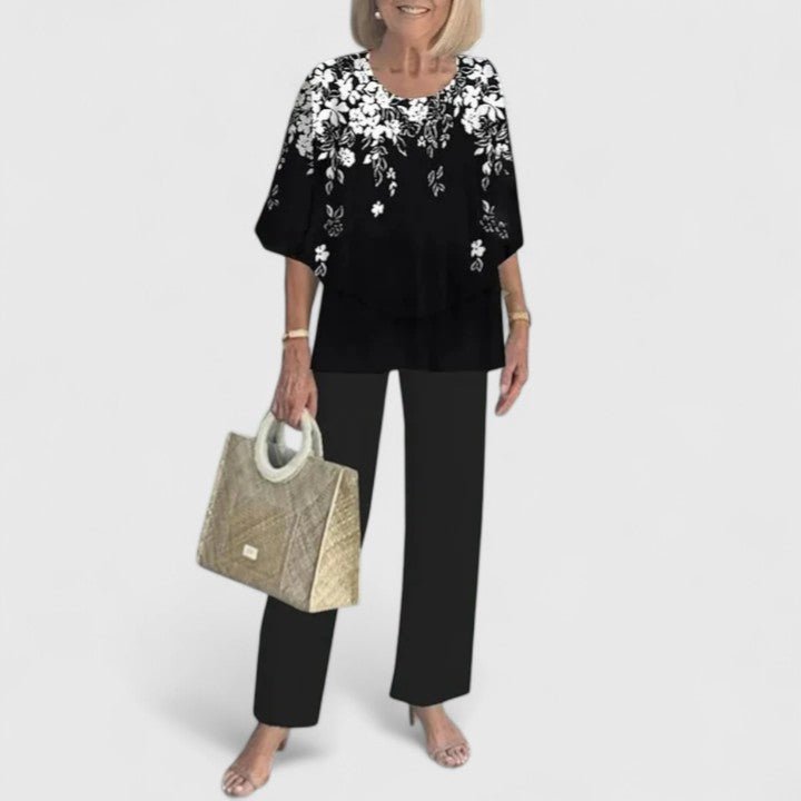 Women's Layered Batwing Floral Wide-Leg Pants Set - Black
