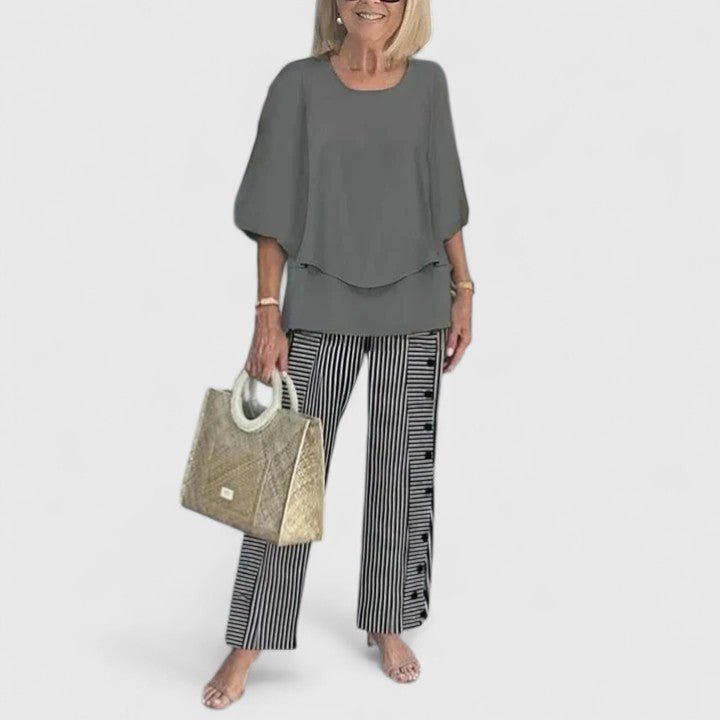 Women's Layered Batwing Floral Wide-Leg Pants Set - Dark Gray