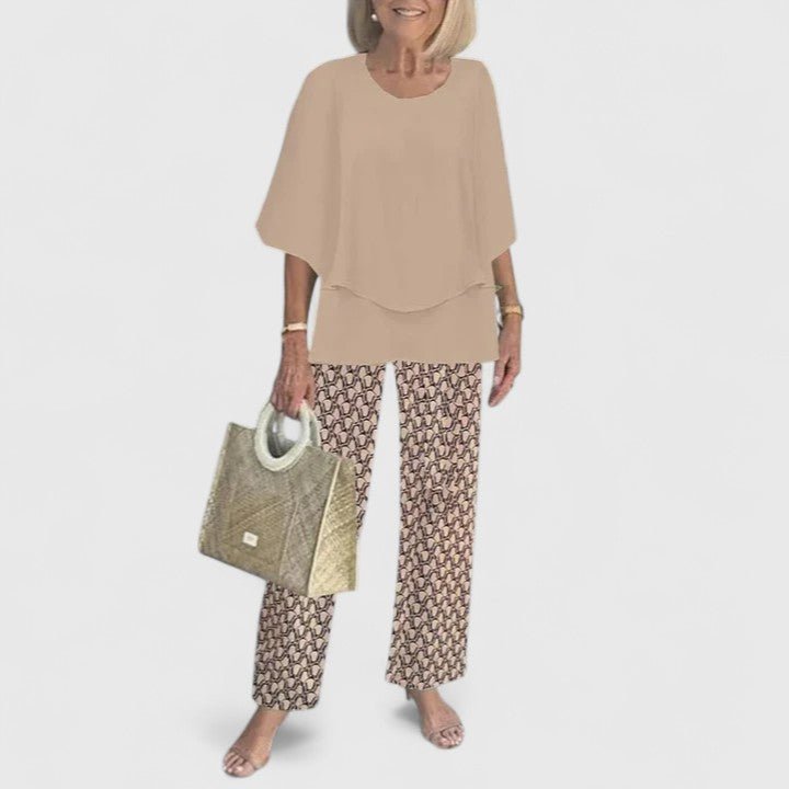 Women's Layered Batwing Floral Wide-Leg Pants Set - Brown