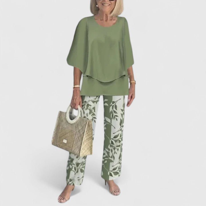 Women's Layered Batwing Floral Wide-Leg Pants Set - Light Green