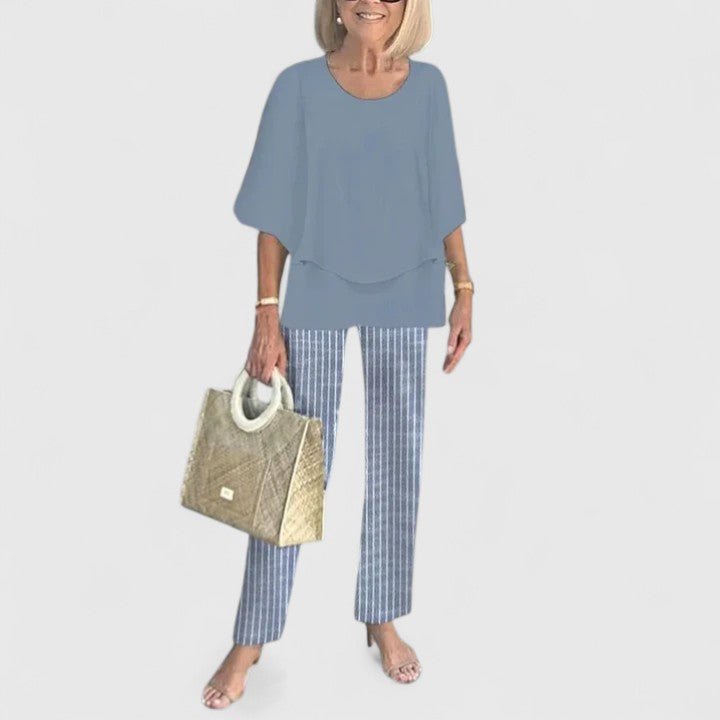 Women's Layered Batwing Floral Wide-Leg Pants Set - Blue