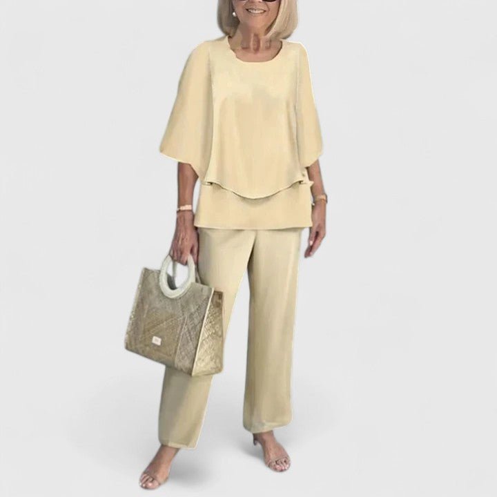 Women's Layered Batwing Floral Wide-Leg Pants Set - Apricot