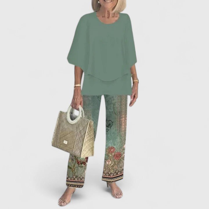 Women's Layered Batwing Floral Wide-Leg Pants Set - Green