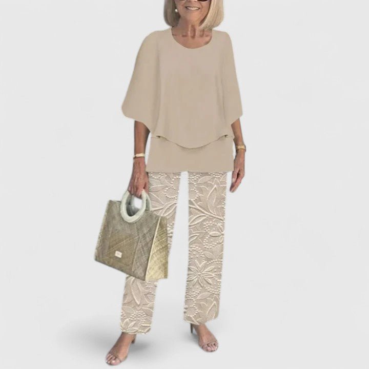 Women's Layered Batwing Floral Wide-Leg Pants Set - Beige