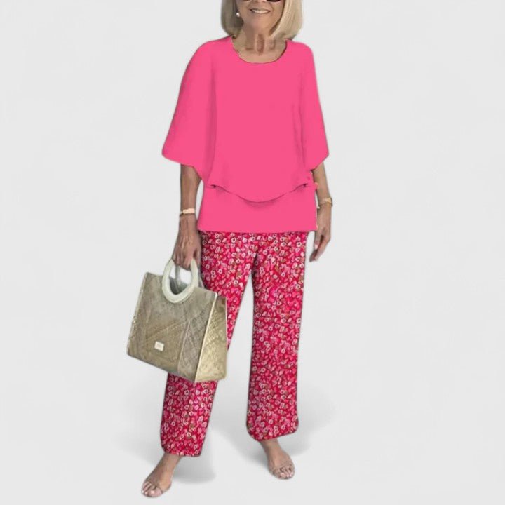 Women's Layered Batwing Floral Wide-Leg Pants Set - Pink