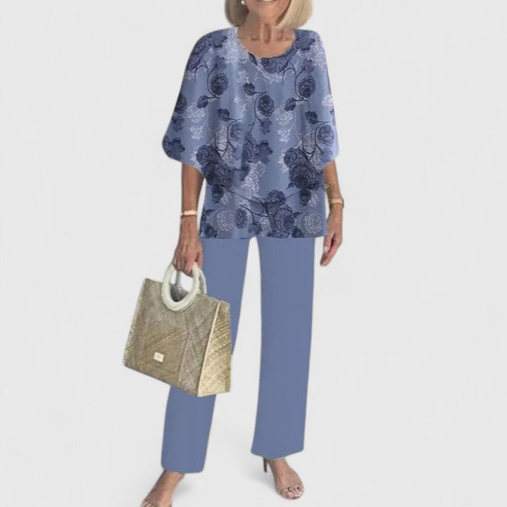Women's Layered Batwing Floral Wide-Leg Pants Set - Purple
