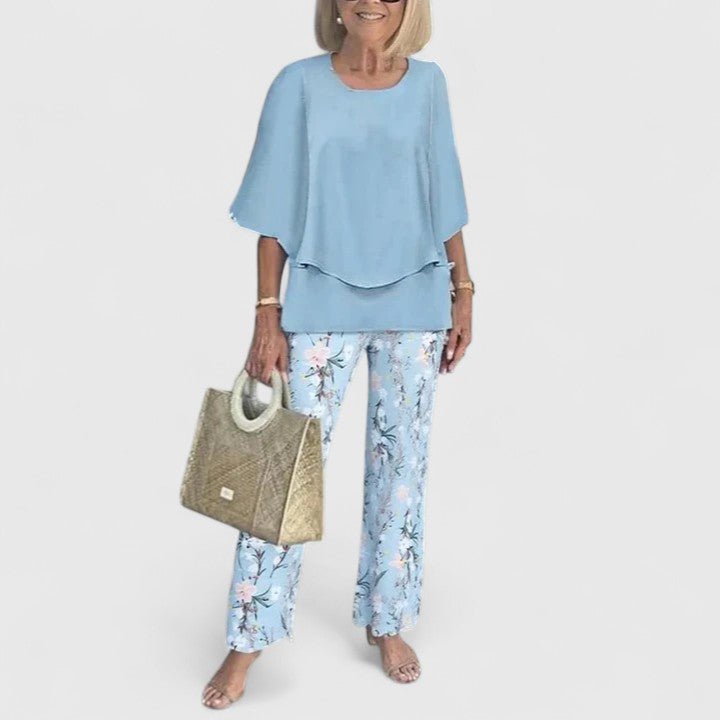 Women's Layered Batwing Floral Wide-Leg Pants Set - Light Blue