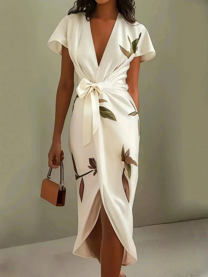 Women's Leaf Print V-Neck Wrap Midi Dress - White