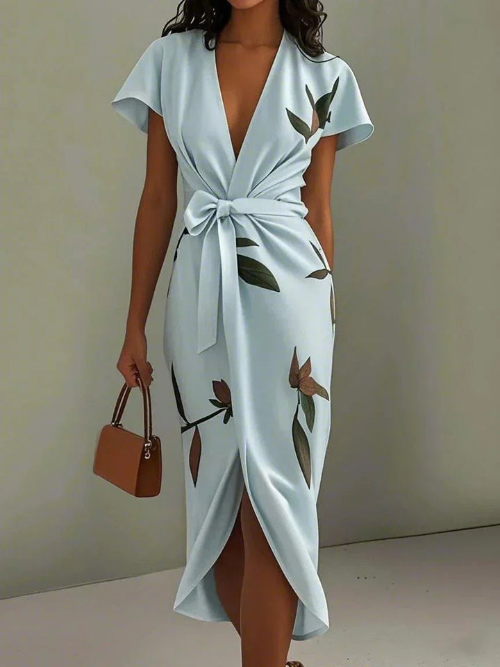 Women's Leaf Print V-Neck Wrap Midi Dress - Light Blue