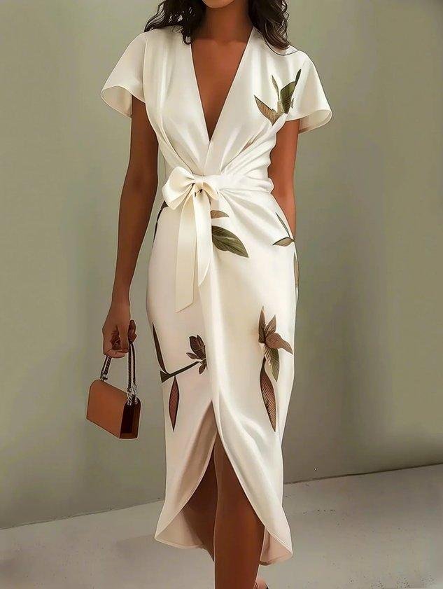 Women's Leaf Print V-Neck Wrap Midi Dress