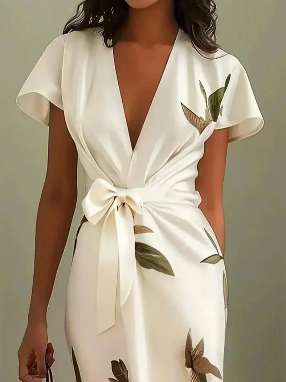 Women's Leaf Print V-Neck Wrap Midi Dress
