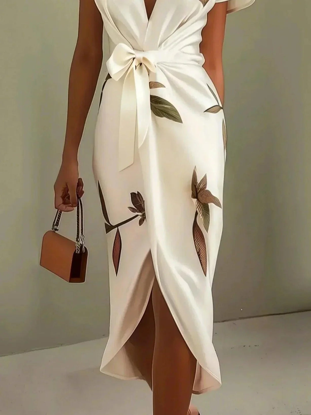 Women's Leaf Print V-Neck Wrap Midi Dress