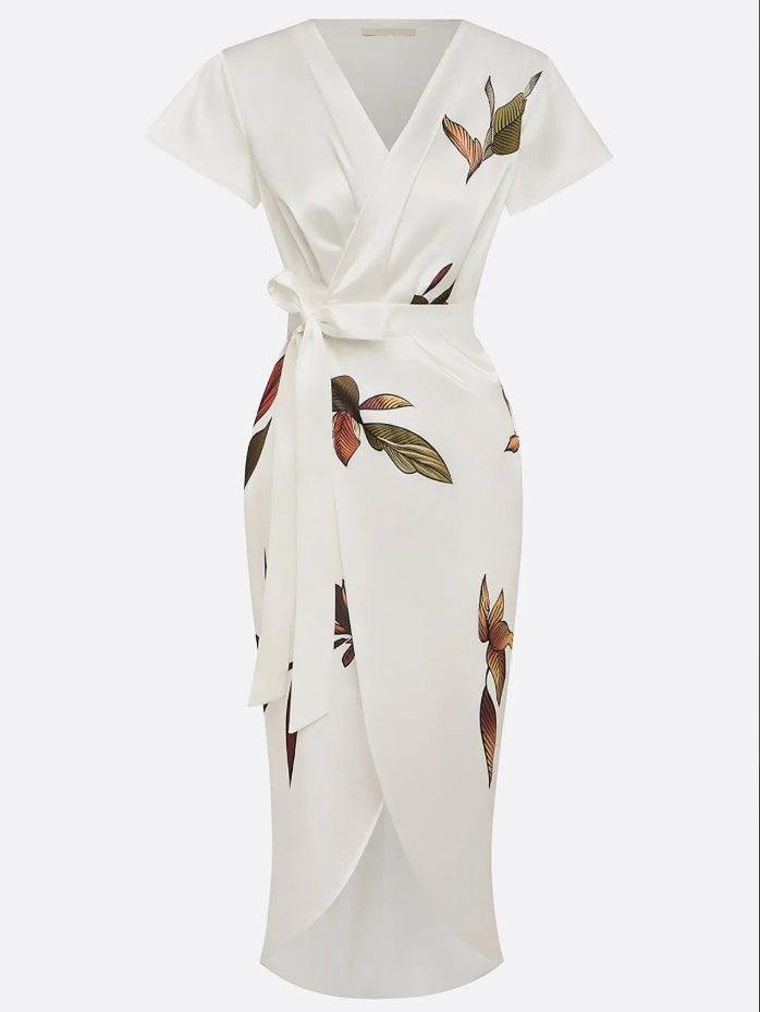 Women's Leaf Print V-Neck Wrap Midi Dress