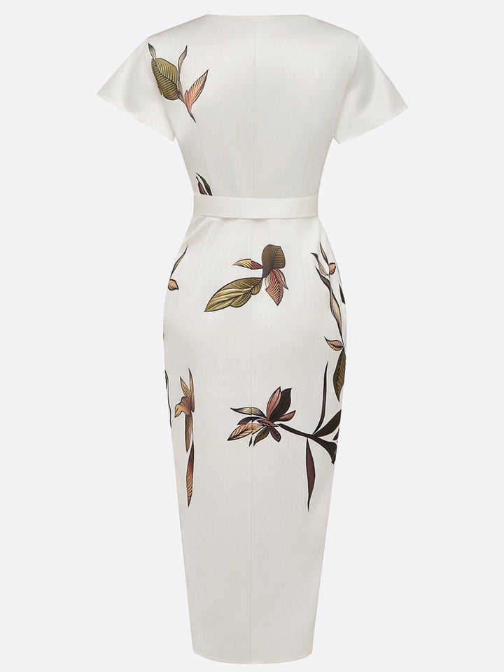 Women's Leaf Print V-Neck Wrap Midi Dress