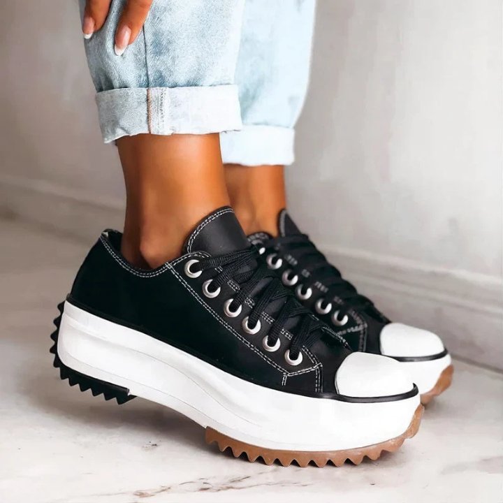 Women's Leather Platform Lace-Up Sneakers - Black