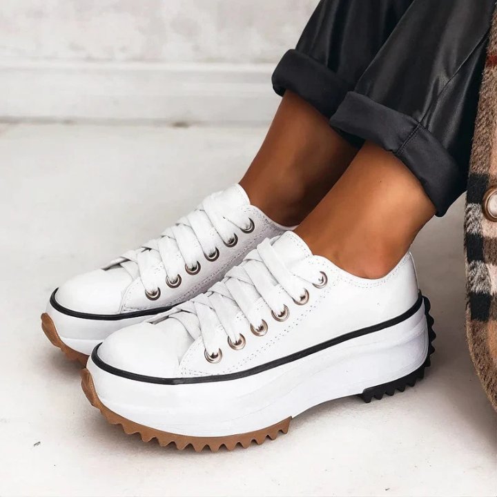 Women's Leather Platform Lace-Up Sneakers - White