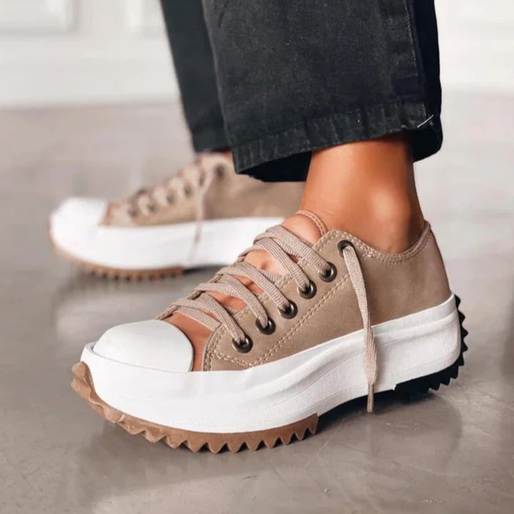 Women's Leather Platform Lace-Up Sneakers - Light Brown