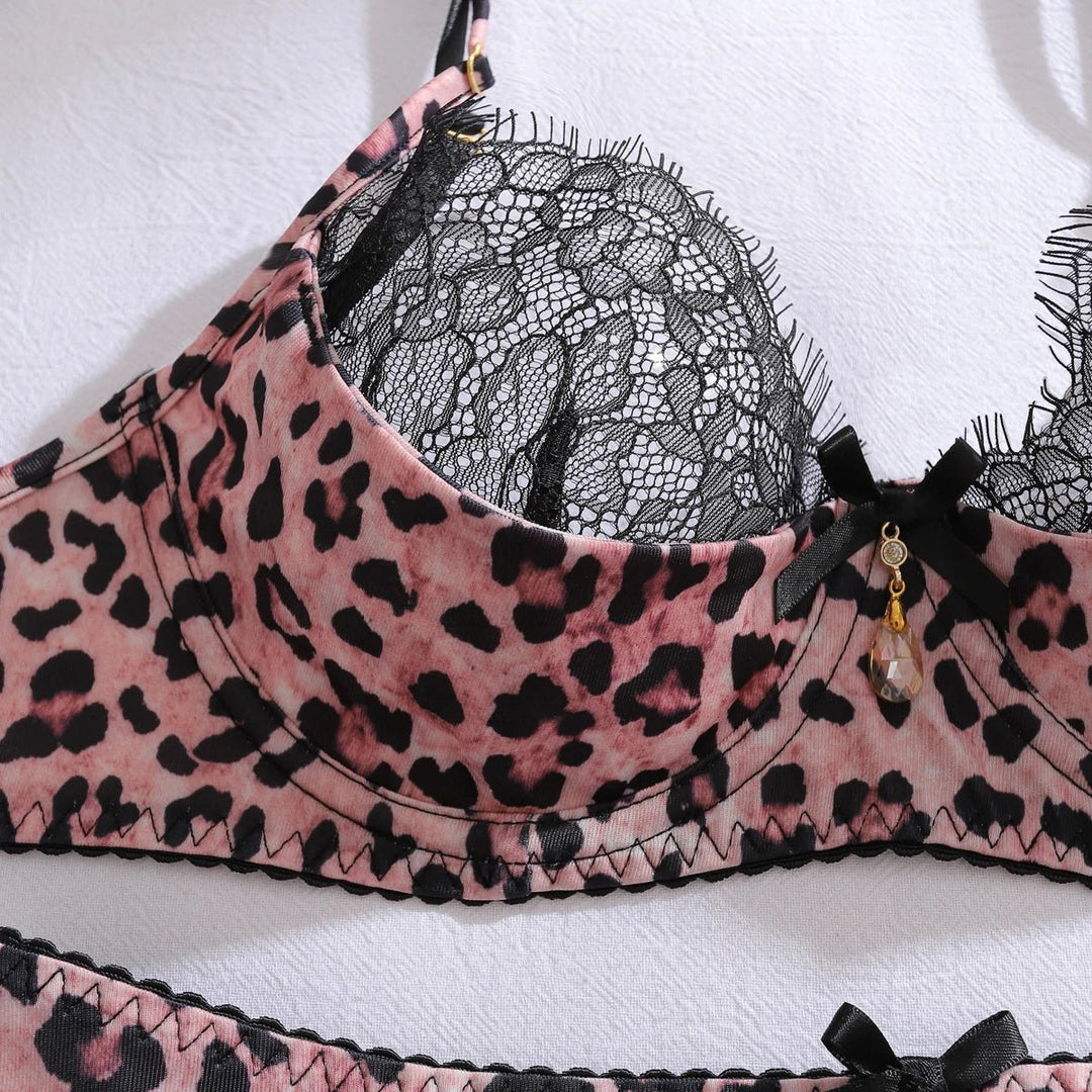 Women's Leopard Print Lace Trim Lingerie Set